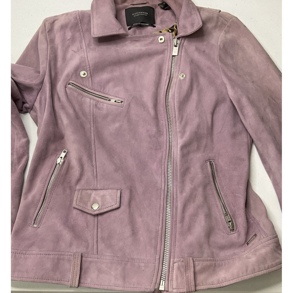 Scotch & Soda Maison Scotch Biker Jacket Goat‎ Leather Suede Lilac Women Sz L - Picture 8 of 12